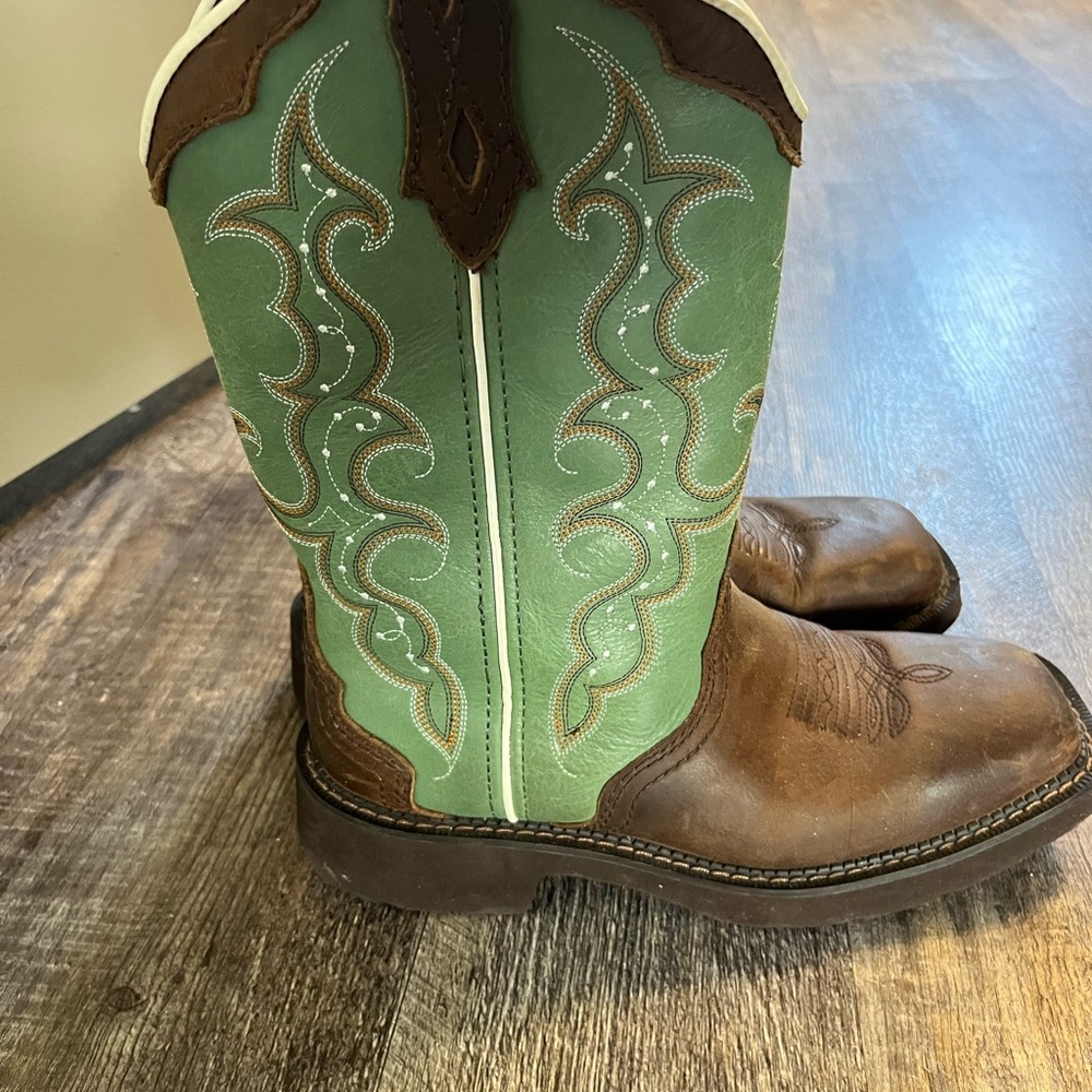 Justin Boots Brown Foot with Green Stitch-Accented Shaft Cowboy Boots